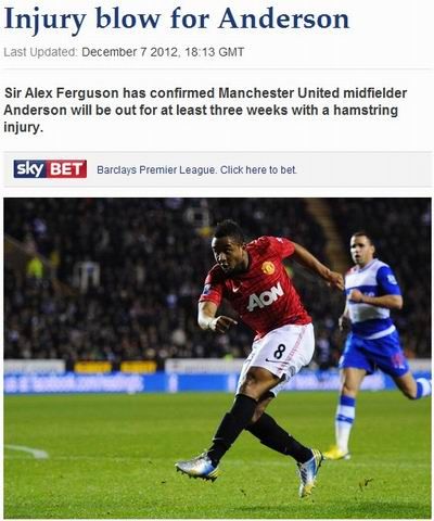 弗格森证实安德森伤缺三、四周